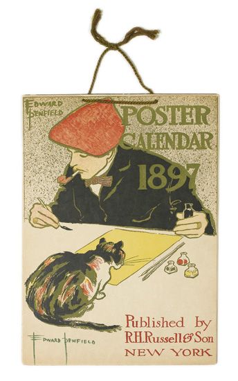 Poster Calendar 1897, man smokes pipe, cat