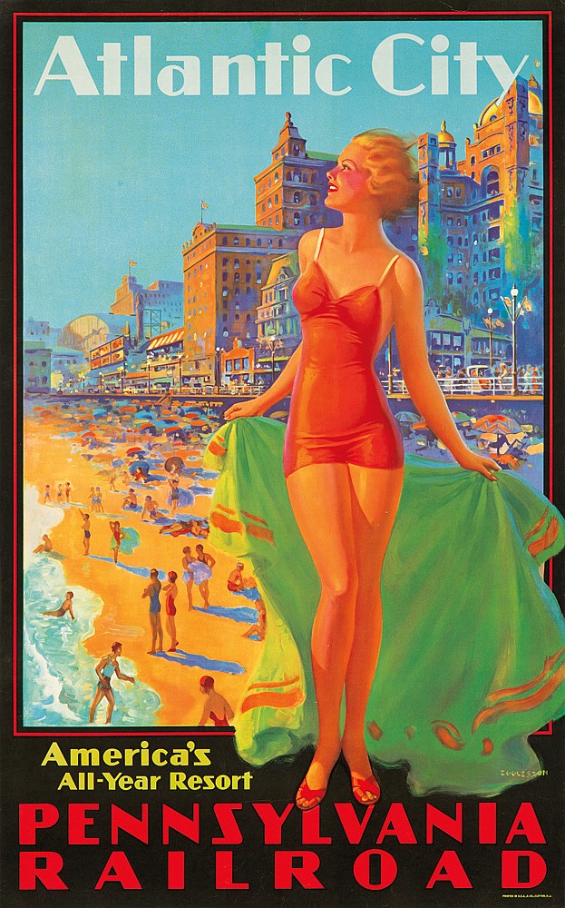 America’s All-Year Resort, Pennsylvania Railroad, Atlantic City, woman in red swim suit