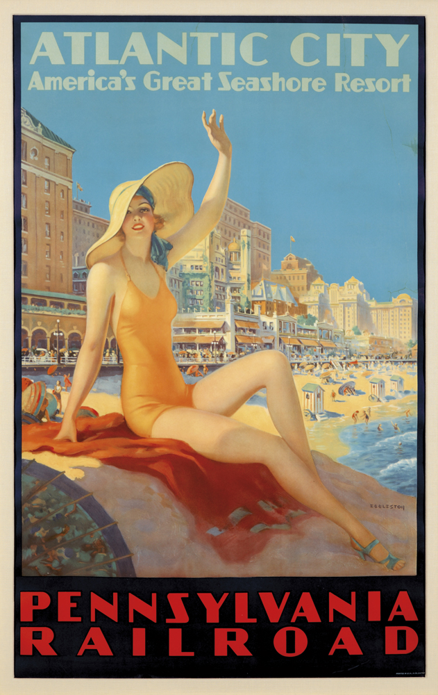 Atlantic City, America’s Greatest Seashore Resort, Pennsylvania Railroad, woman in yellow swimsuit