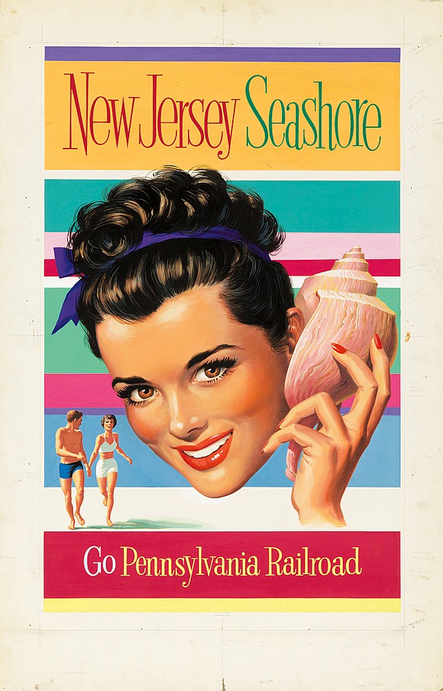 New Jersey Seashore, Go Pennsylvania Railroad, woman, seashell