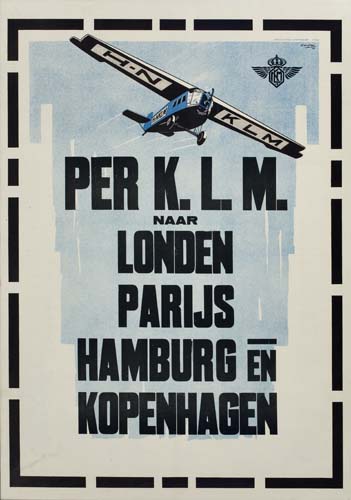 Per K.L.M. naar Londen Parijs Hamburg, blue poster, plane