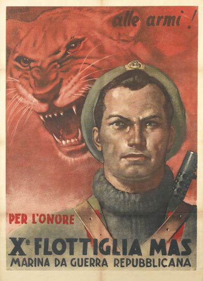 Per L’Onore Xa Flottiglia Mas, red poster, soldier