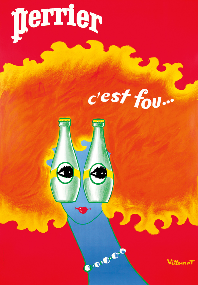 Perrier C’Est Fou, woman with bottle glasses, red poster