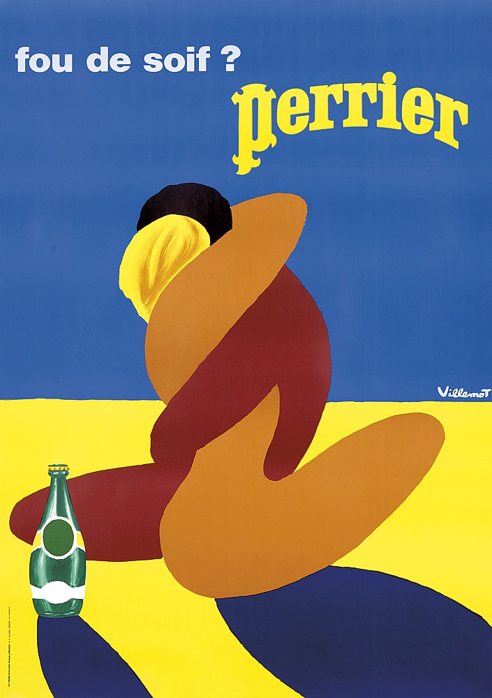 Perrier Fou de Soif? Blue beach poster, couple embracing