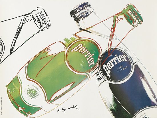Perrier bottles, blue and green