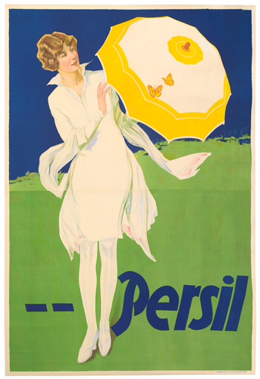 Persil, woman in white with an umbrella
