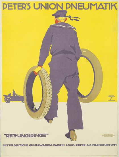 Peter’s Union Pneumatik, yellow poster, man carries tires