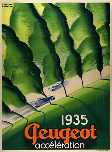 1935 Peugeot Acceleration, green trees, cars