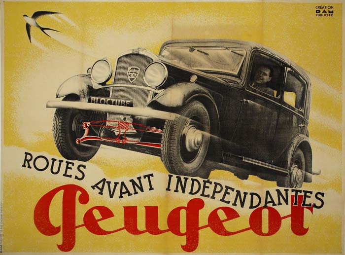 Roues avant independantes Peugeots, yellow poster, black car