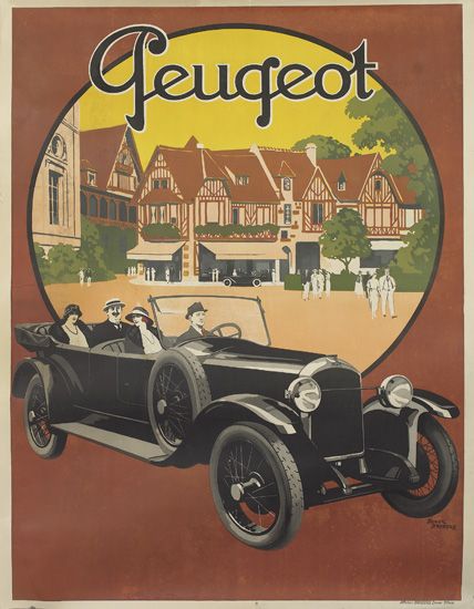 Peugeot, brown poster, black car