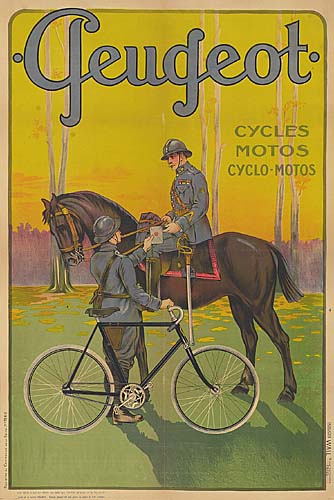 Peugeot Cycles Motos, yellow poster, officer on horseback