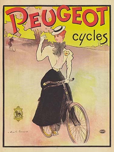 Peugeot Cycles, woman in white and black on a bicycle