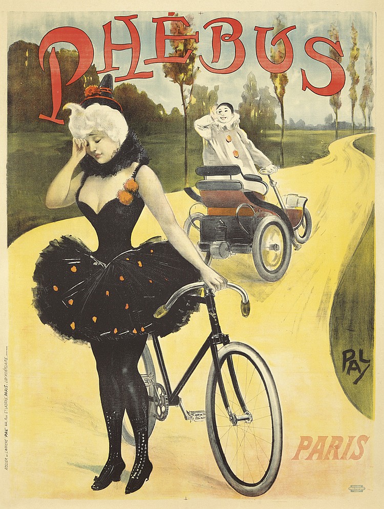 Phebus Paris, woman in black on a bicycle, mime follows