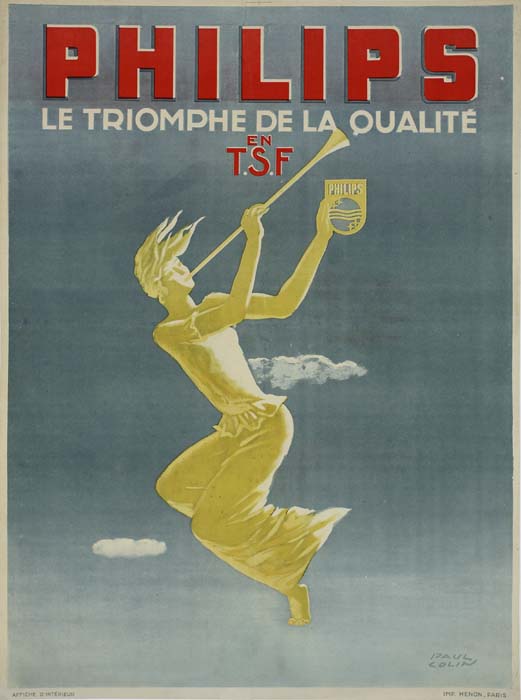 Philips Le Triomphe de la Qualite en T.S.F. blue poster, woman with trumpet