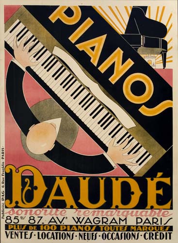 Pianos Daude, pink poster, man plays piano
