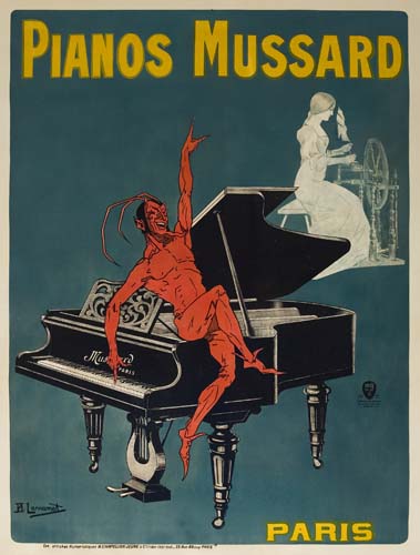 Pianos Mussard, Paris, blue poster, red man sits on piano