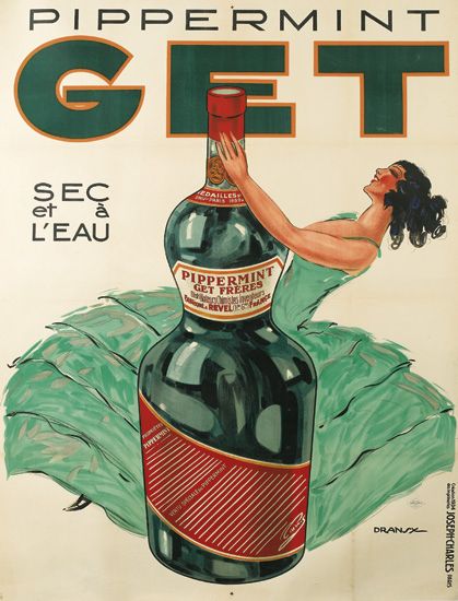 Pippermint Get, woman in green with a bottle