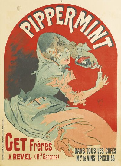 Pippermint Get Freres, red poster, woman pours drink