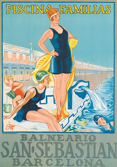 Piscina Familias Balneario San Sebastian Barcelona, woman in blue swimsuit