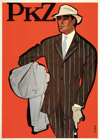 PKZ, red poster, man in pinstriped suit