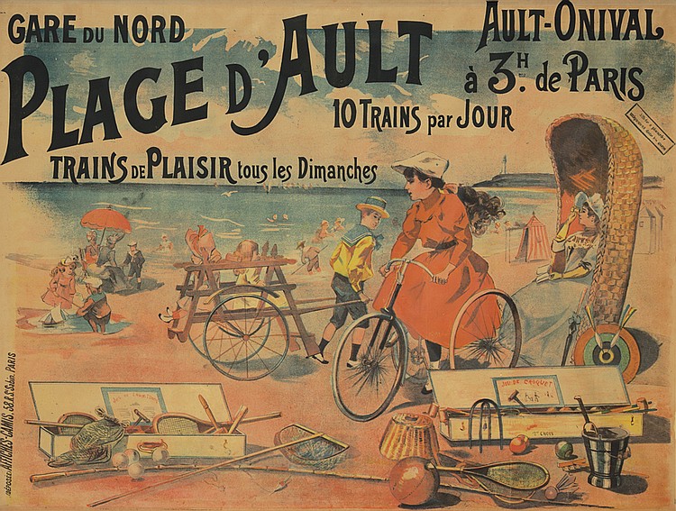 Gare du Nord Plage D’Ault, crowded beach, girl in red on a bicycle