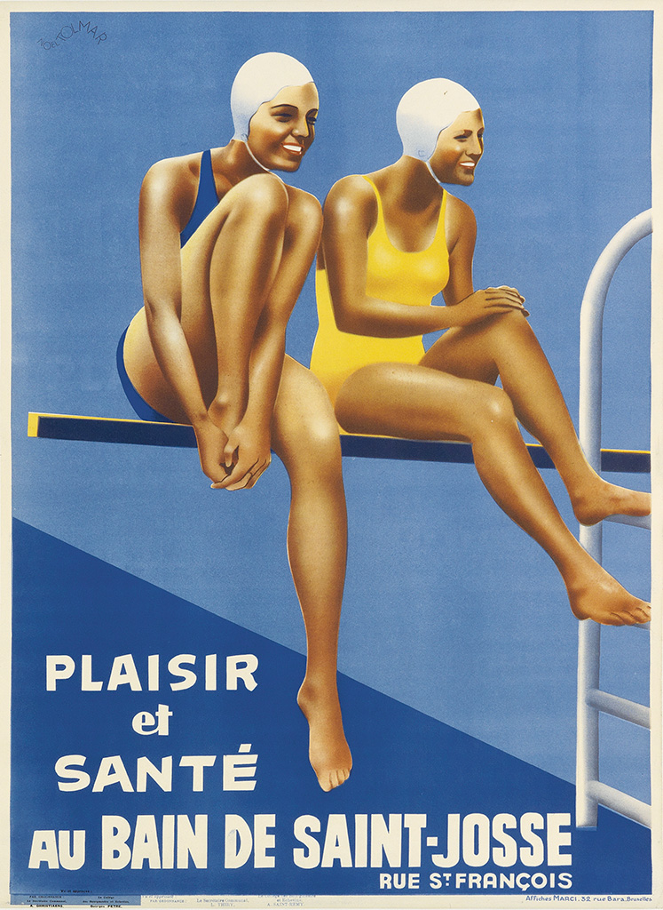 Plaisir et Sante au Bain de Saint-Josse, blue poster, women swimmers on the diving board
