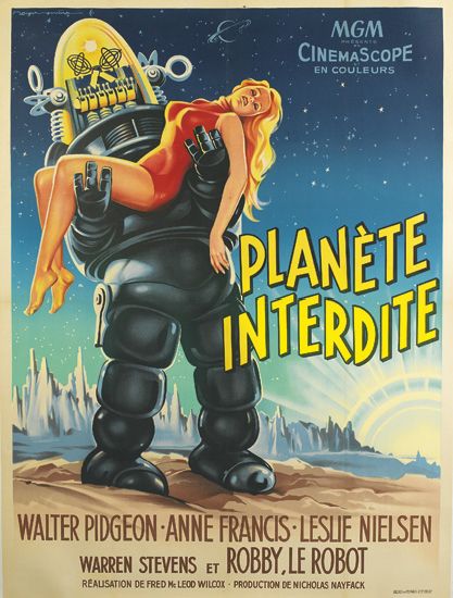 Planete Interdite, robot carries woman in red