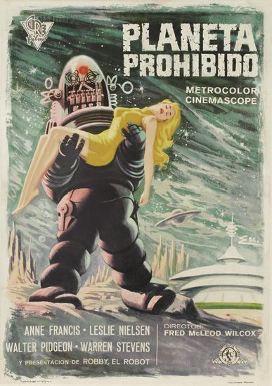 Planeta Prohibido, Metrocolor Cinemascope, Cire, robot carries a woman in yellow