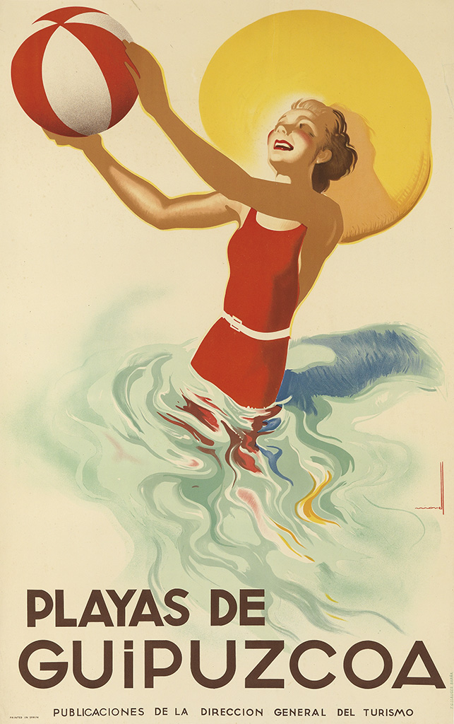 Playas de Guipuzcoa, woman in red swimsuit with a beach ball
