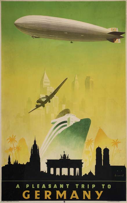 A Pleasant Trip to Germany, blimp, green poster, large white ship