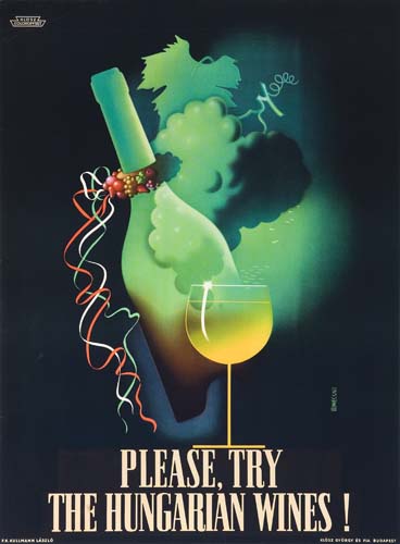 Please, Try The Hungarian Wines, black poster, bottle and glass