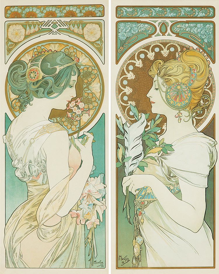 Two posters, colored, two women in flowing dresses hold flowers