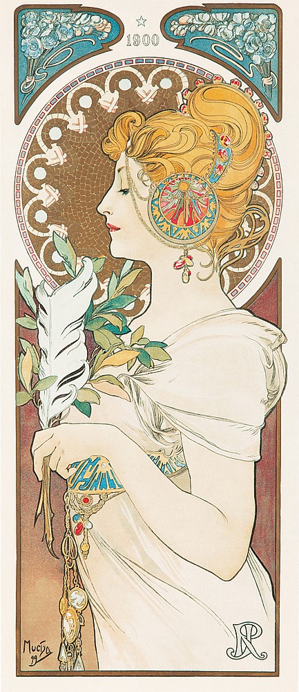 Long poster, woman in white dress, updo, bright colors