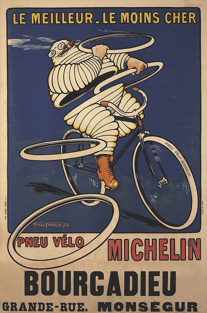 Pneu Velo Michelin Bourgadieu, blue poster, michelin man rides bicycle