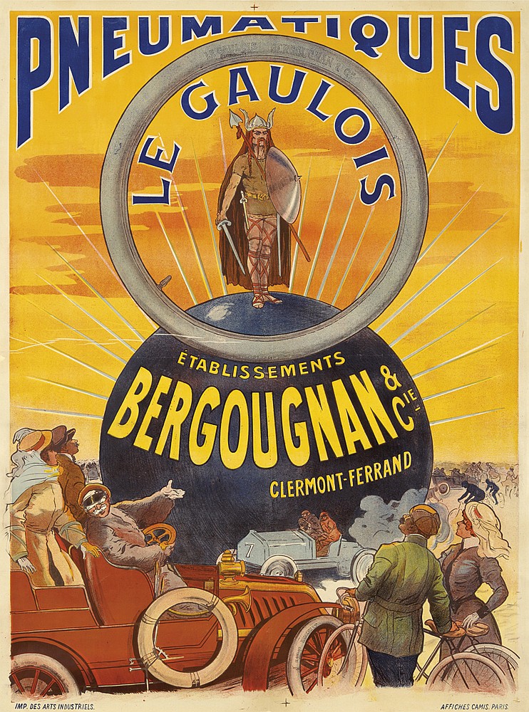Pneumatiques Le Gaulois, yellow poster, warrior, brown car