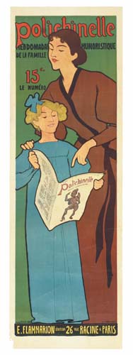 Long poster, Polichinelle, green poster, woman and child