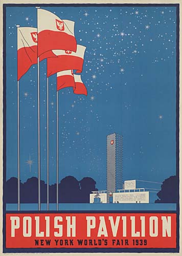 Polish Pavilion New York World’s Fair 1939, starry night sky, flags
