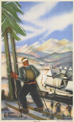 Skier, snowy mountains