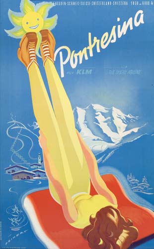 Pontresina, blue poster, woman in yellow