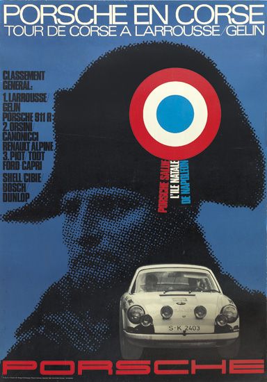 Porsche en Corse, blue poster, red car