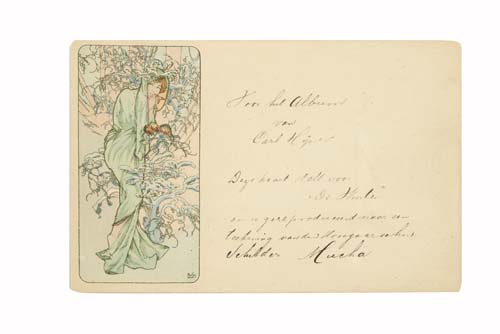 Woman with flowers, cursive writing