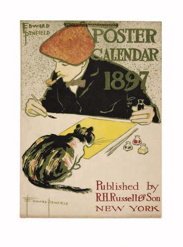 Poster Calendar 1897, man writing with a cat
