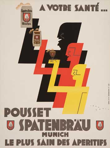 A Votre Sante Pousset Spatenbrau, outlines of three men drinking