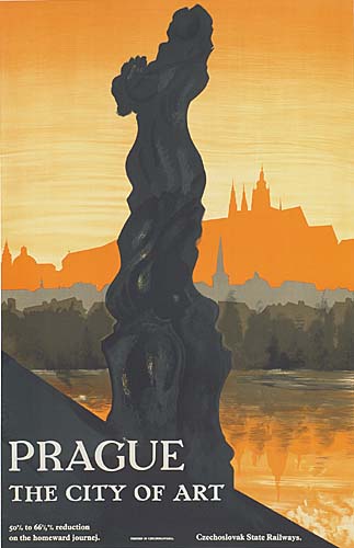Prague City of Art, orange poster, statue