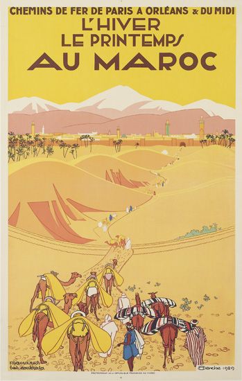 L’Hiver Le Printemps Au Maroc, yellow poster, camels in the desert