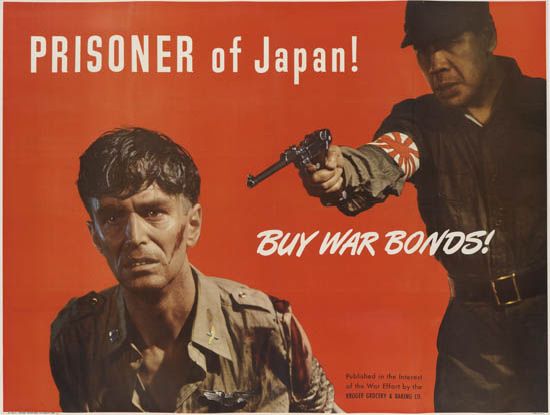 Prisoner of Japan! Buy War Bonds, red poster