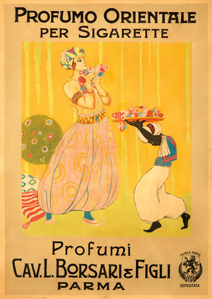 Profumo Orientale per Sigarette, yellow poster, woman and servant