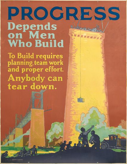 Progress Depends on Men Who Build, red poster, workers
