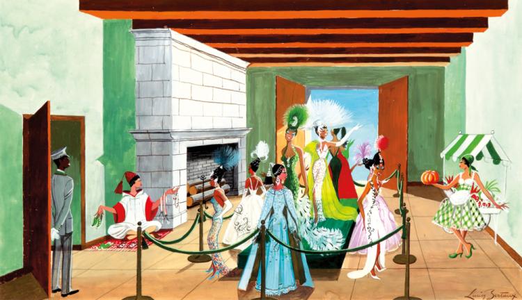 Green room, formally dressed crowd