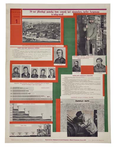 Newspaper clippings, orange poster